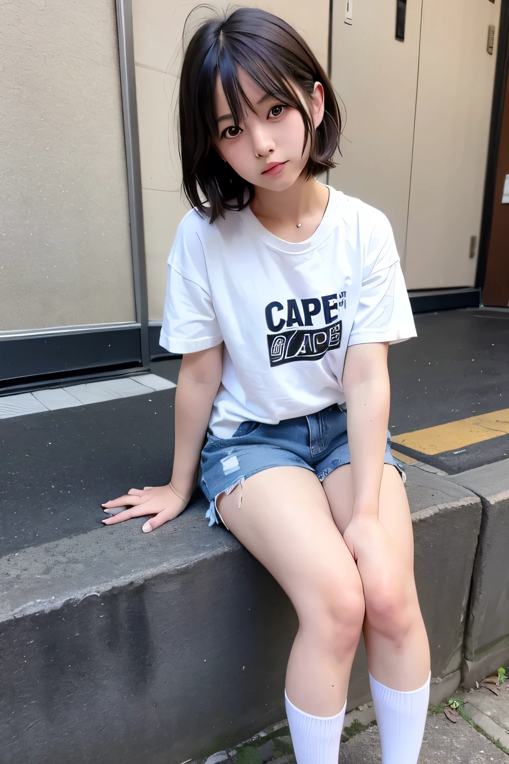 beautiful dressed up as a 70s elementary school.,she is cute and beautiful like an idol.,She is pure and innocent.,She is wearing a white T-shirt,Extremely short, tight, and skinny denim shorts,High socks and sneakers.Japanese,Black short bob school bag