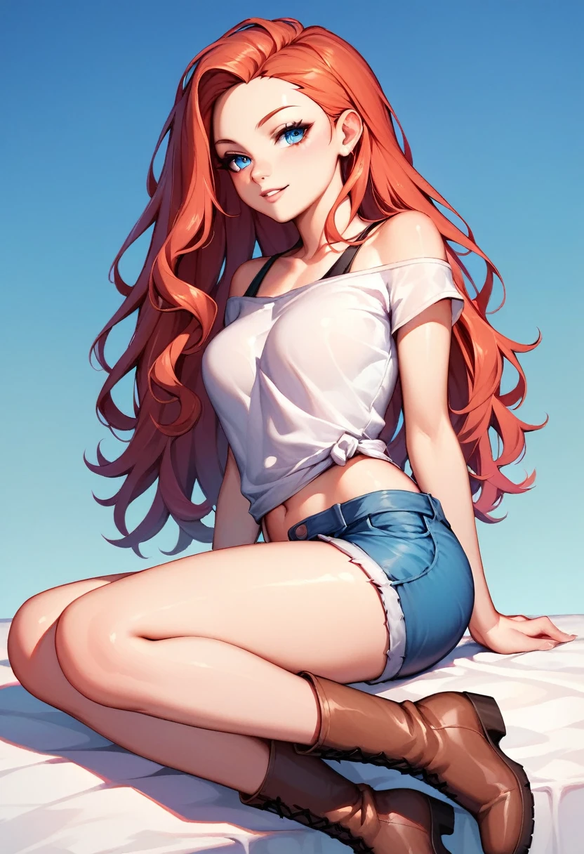 sexy young, long haired redhead with blue eyes, Short white shirt with wide shoulders, bright blue short denim shorts, mirada glad, glad, short brown boots, with his gray hair, blue eyed  