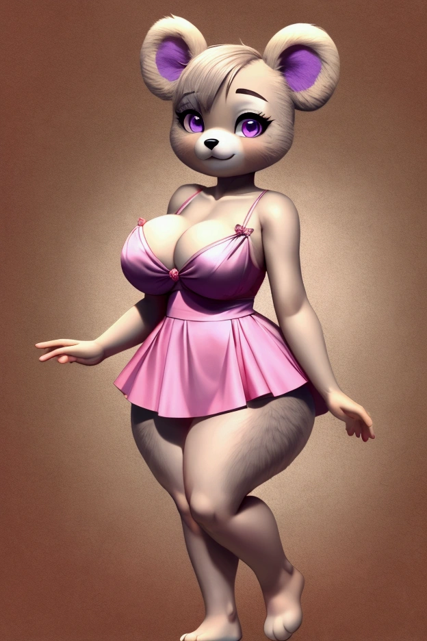 Little slim female teddy bear with nice big thighs and big breasts and grey fur and cute purple eyes and she is wearing a short dress with a pink mini skirt full body and she is a toy and she has life.