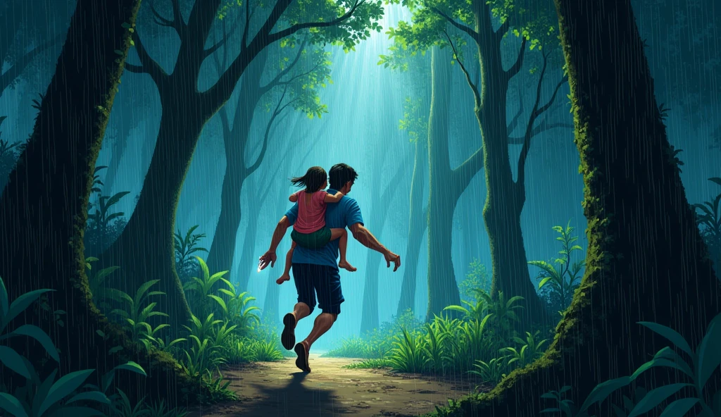 cartoon, a Vietnamese rural bushy narrow junger, thickset, densely wooded with the thunder, so dark, heavy raining, the man, sad father carrying daughter on his back, a knife in his hand, run very farst to find doctor , in the style of colorful prisma, erased and obscured, iconic album covers, photography, 50mm