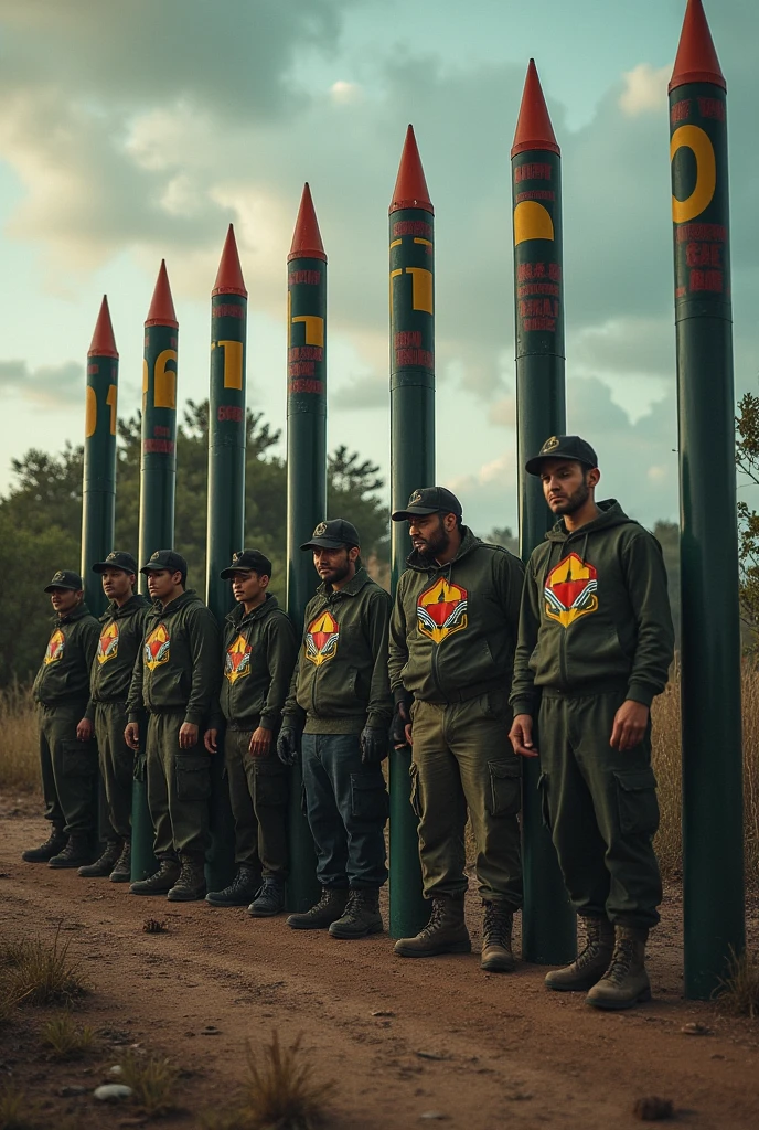 Guerilla fano fighters scientist make their own rocket and line them in a row and wear a logo with green,yellow and red color.