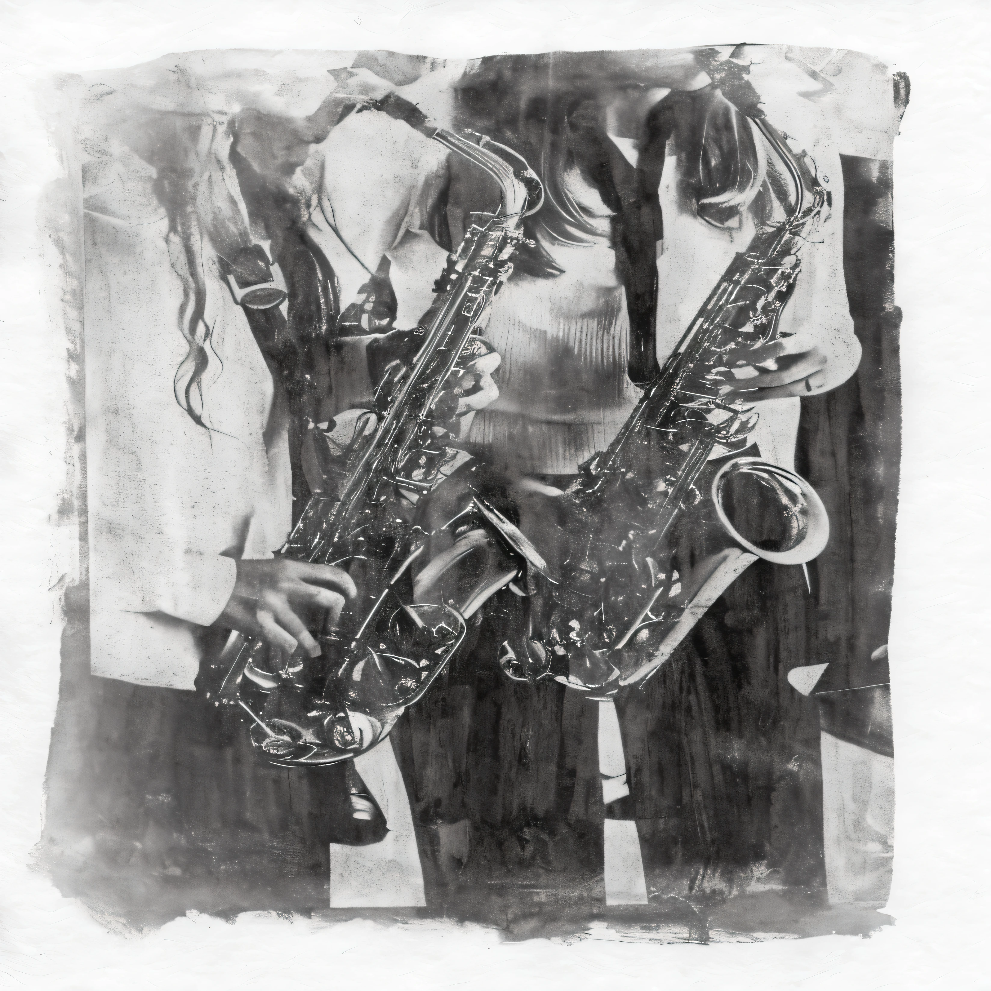 arafed image of a man holding a saxophone and a woman standing behind him, saxophone, saxophones, grainy monochrome photo, real saxophones, musicians, grainy black and white photo, silver gelatin print, photographed on damaged film, grainy image, graphite on paper, grainy damaged photo, by Steven Campbell, portrait n - 9