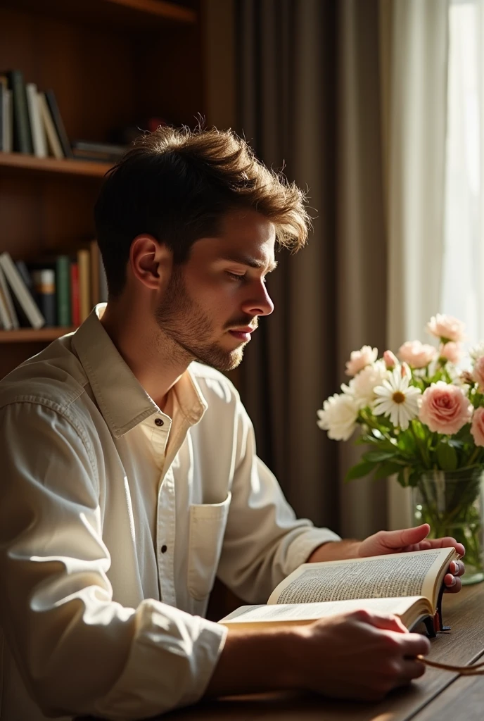 a young man reading the Bible in the background a cupboard on the table beautiful flowers step by step
