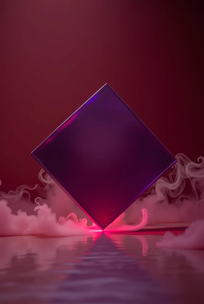 A concept music album cover, wine red minimalist background with a little smoke , main symbol is a square with its front facing tilted with the edge touching the ground, it is a semi-transparent opaque purple object, the point where the edge touches the ground gently reflects the object