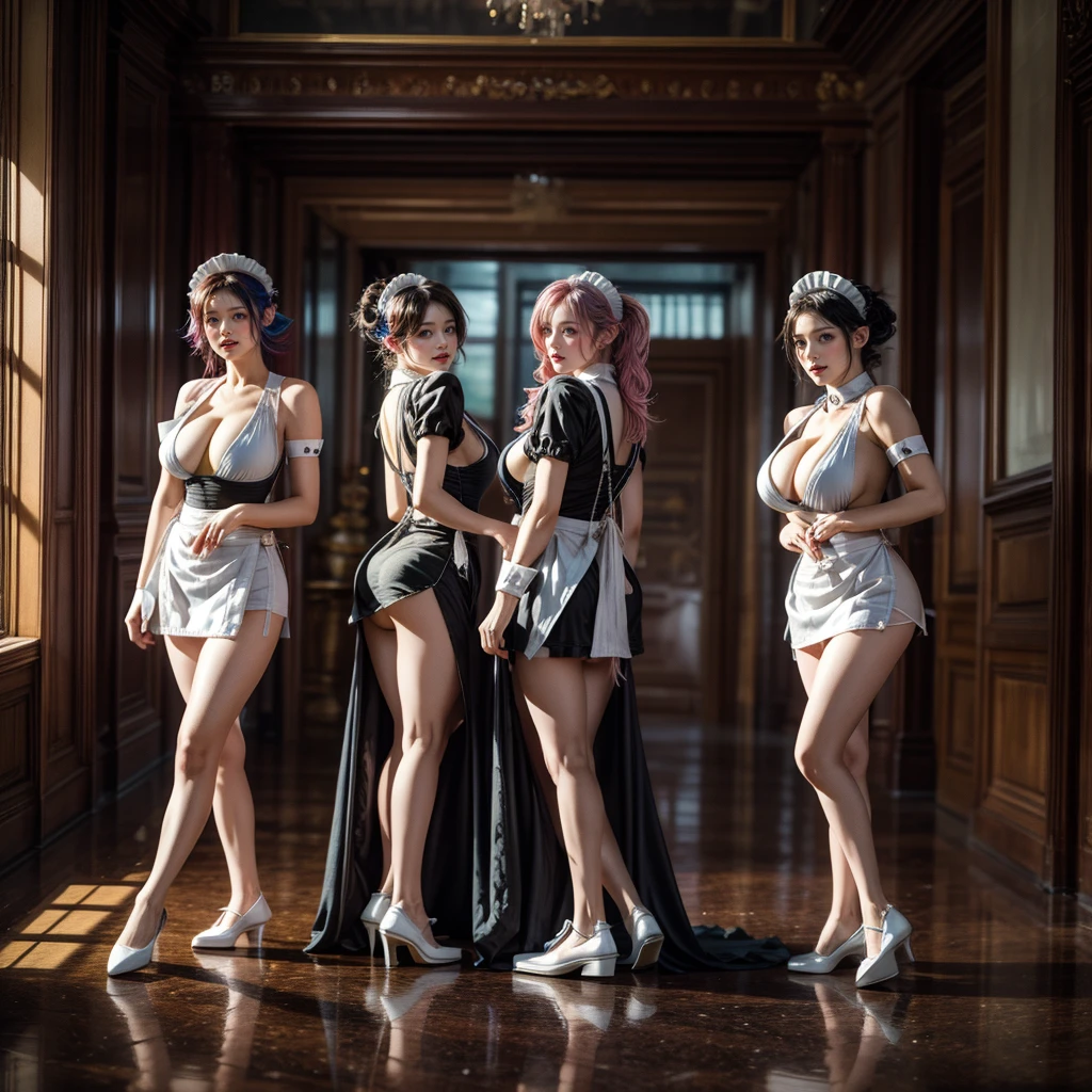 (Full Body of Extremely Detailed((Sexy Maid Group in a row:1.37))), KAWAII perfect face with Reflective Eyes, Detailed(Delicate Clothing textures), Correct Graceful Legs, Dynamic Joyful Expressions LifeLike Rendering, Specular Reflection, TopQuality 8K Ultra-detailed masterpiece (ProfessionalPhoto:1.37), (Acutance:0.8), (Luminism:1.28), Renaissance art style, Colorful Light particles, (Full body from side) {MicroMini Skirt|Kissing Face to Face|Thigh Gap|Cute Peach AssFocus|(NakedApron with (Overflowing Sideboob))}, Radiant Fine Skin with Transparency, {Pink Hair|LightBlue Hair|Blonde|Pure White Hair|Liquid Hair|Red Shoes}, Perfect Lighting