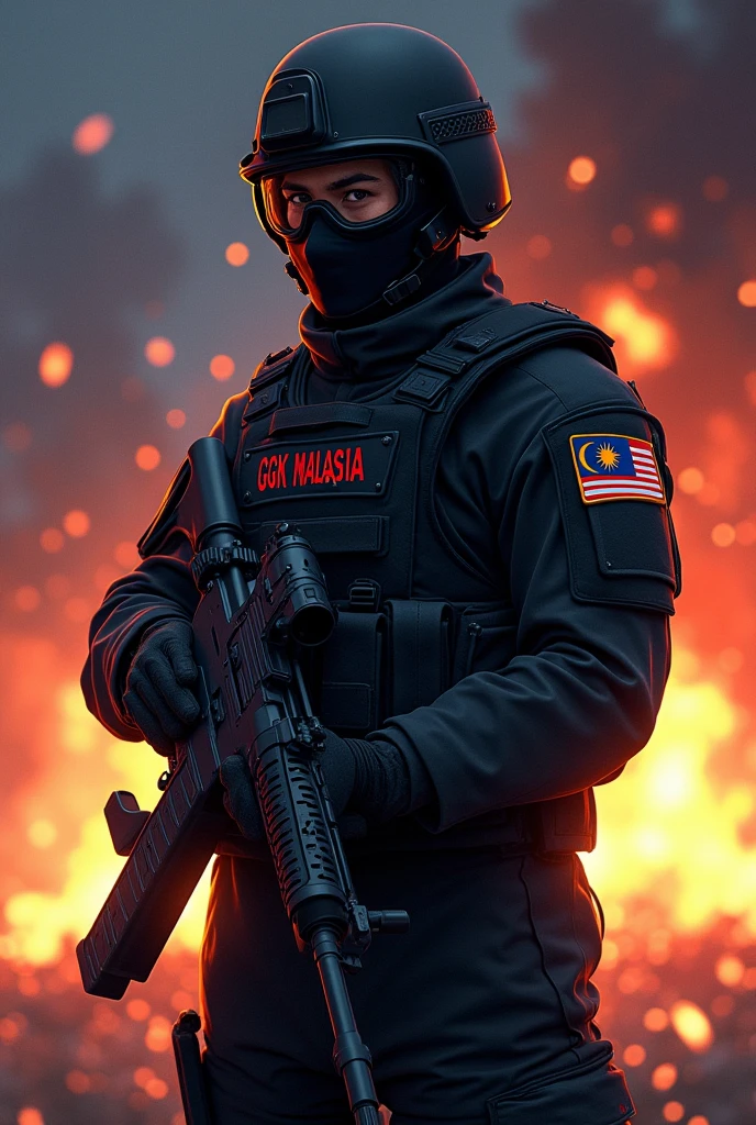 One special forces army in fully black uniform and masked face he's in operation saving people with fire and bombing behind him and holding rifle. Change the patch on his arm to Malaysia flag and the word infront of his uniform into GGK MALAYSIA and make it animated style
Malaysia