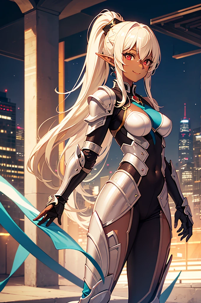 Beautiful images,Detailed Images,Official image,(Background of the base),One Woman,Blonde,Red Eyes,Ponytail Hair,Model body type,(Dark Skin:1.3),Elf Ears,Large Breasts,(Bioarmor:1.3),Smile small,