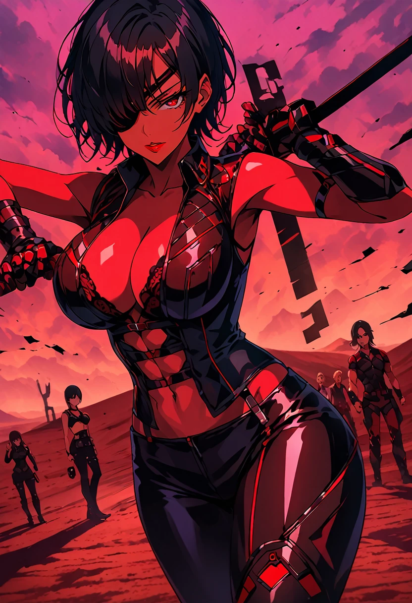 ((score_9, score_8_up, score_7_up, score_6_up), (adult, seductive face, seductive expression), action pose, long black hair, hair over eye, abs, , eyepatch, red eyes, red lips, eyeliner, tight leather armor, cleavage, ss, holding sword, desert road, source_anime,