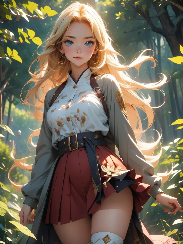 high resolution:1.7, incredibly absurdres, kawaii:1, cute:1.5, hires.fix, anime visual:1, incredibly fine illustration,8k,masterpiece:1.2,best quality, high quality, exquisite, beautiful,insanely detailed,intricate detailed, extremely detailed, Super Definition, ultra high res, Super Resolution, best aesthetic, ultra detailed:1.5, best quality, perfect face, detailed face,stunning art,absurdres,octane render,ultra hires,cute,Beautiful,(Cute and lovely),cute girl,((extremely cute and beautiful blond hair)),serious,smile,A 16 year old daughter becomes an adventurer and battles monsters for the first time.prepare a sword,Deep in the forest, red miniskirt,  gold thighlet,boots,Spirits fly around her like stars, giving the girl power.full body