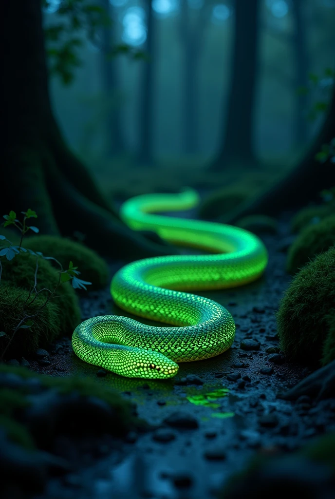 A glowing snake glowing in the dark with neon green color