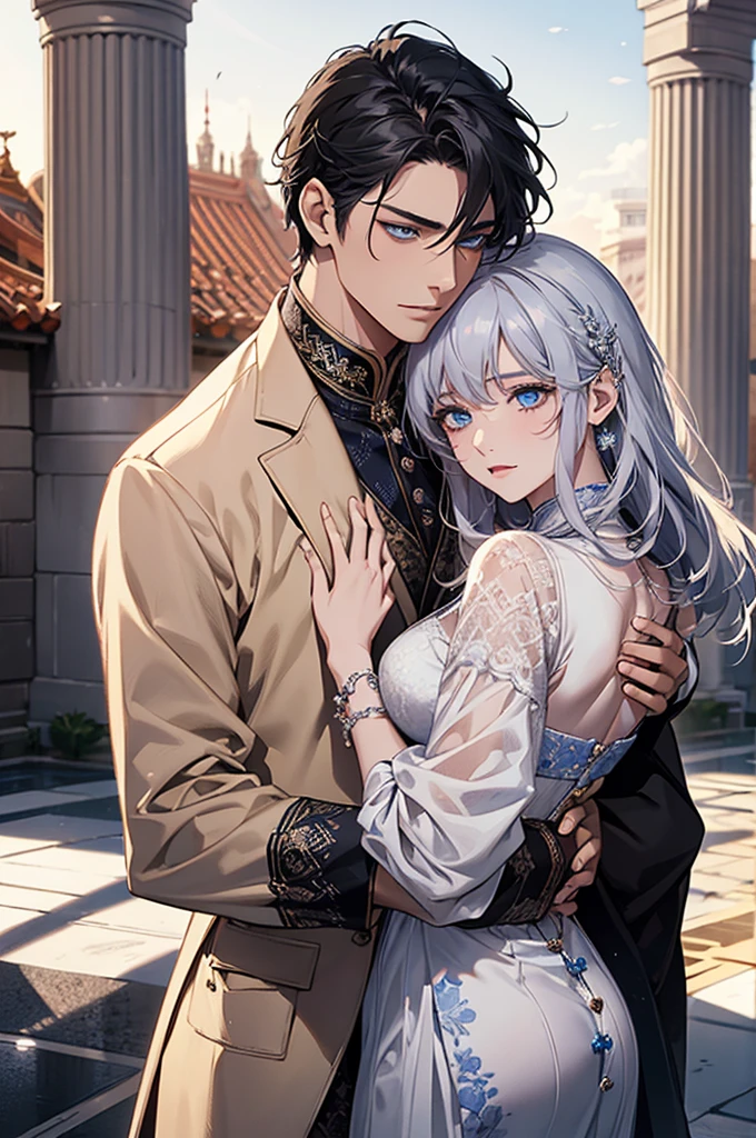 จักรพรรดิromeันคอนสแตนตินมหาราช((Black-haired man,blue eyes)). The great emperor and the beautiful woman named Serdika((White-haired woman,blue eyes)),Face details, High Definition Details, beloved by the จักรพรรดิromeันคอนสแตนตินมหาราช. Happy couple. The bond of eternal love. Mutual love. Pure Love. romantic, sunset, Only return, Realistic, fresh breeze of early summer.“romeของฉันคือเซอร์ดิกา” ด้วยความรัก.rome.งดงามและmelodic. Amazing. With admiration for Sofia, Bulgaria.epic. melodic.Amazing , View background. in the city. It's so beautiful.. high resolution. High quality. high resolution. digital art. It's so beautiful.. high resolution. High quality. high resolution. digital art.