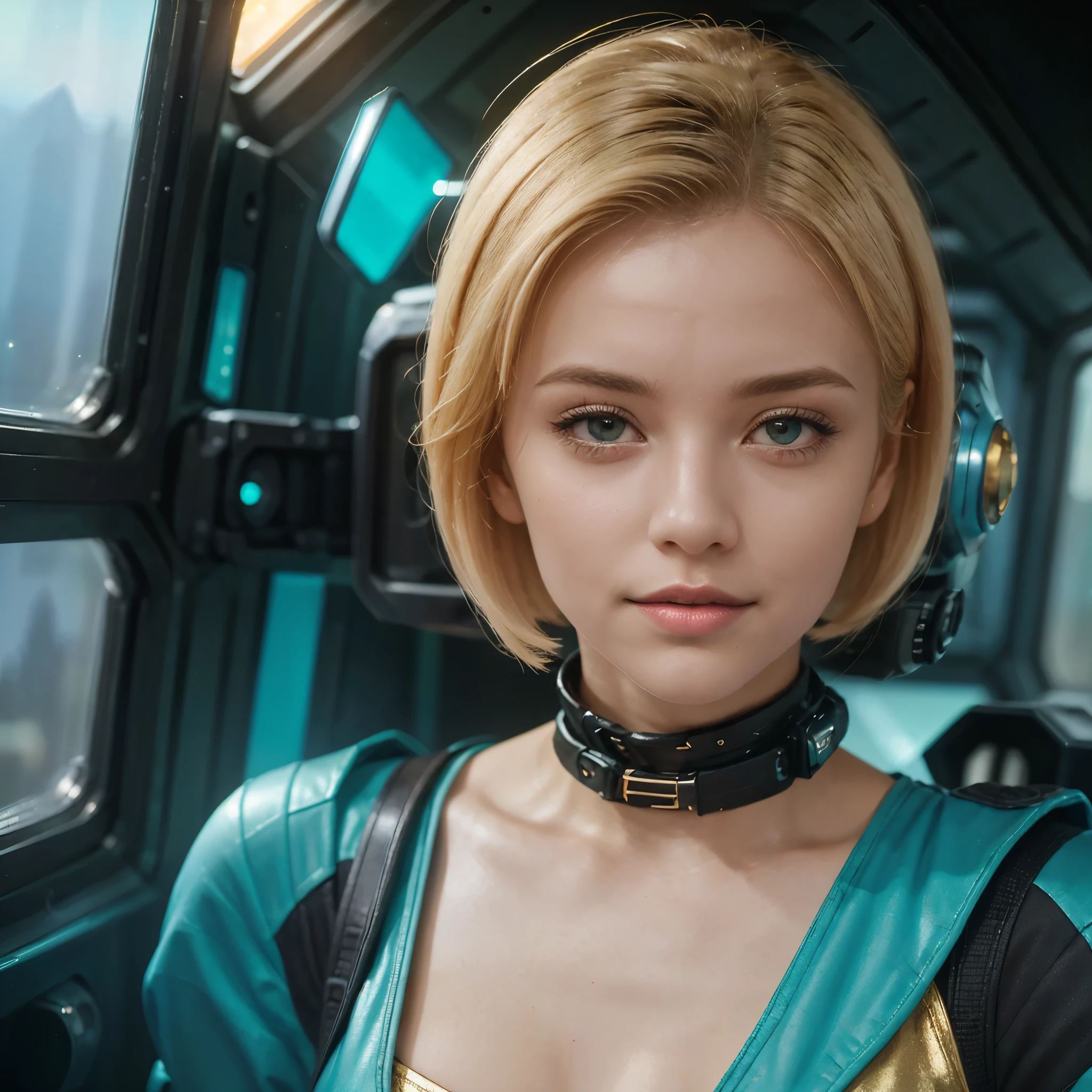 35 year old aged skin,((gorgeous realistic short hair blonde bob cut, female 35 years age Floating in space realistic futuristic stars and nebula)), she looks happy sleepy, Night time, ((artistic pose)), ((she has a red ribbon in her hair)), large firm breasts, she is wearing a teal and gold gymnast leotard, (photorealistic), (in gold and teal leotard), (Style-Glass), (()), hdr, antialiased, 8k, ((syd mead)), sharp details, ((masterpiece)), (painterly), (good anatomy), (good proportions), (good composition), (dramapaint), (style-sylvamagic)  1 woman, Captivating, Professional Studio Lighting, Expertly lit, The scene is filled with a sense of tranquility, magic, and natural beauty, transporting the viewer to a world of fantasy and wonder (best quality, high resolution)
