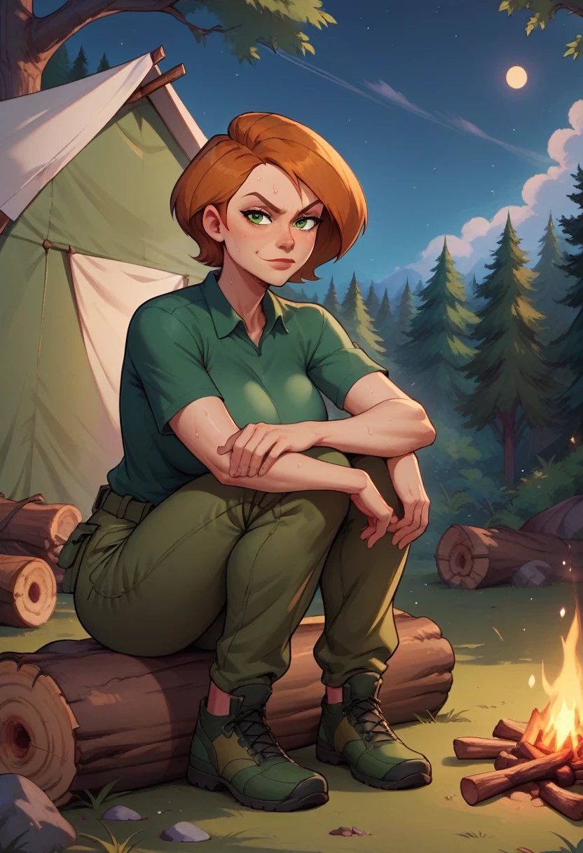 score_9, score_8_up, score_7_up, score_6_up, BREAK Ann possible, wearing green cargo shirt, cargo pants, big breasts, fully clothed evil smirk, sweating, in a forest, looking at viewer, short hair, setting up a tent, campfire, dark clouds, hands resting on knees, sitting on a log
