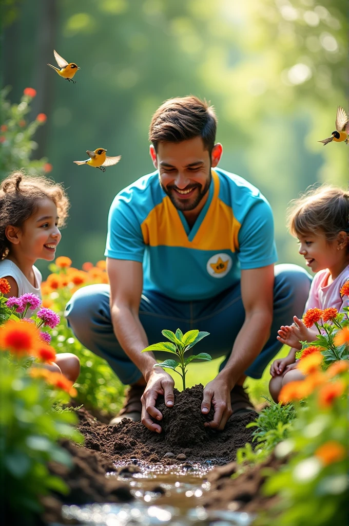 A handsome man is planting a plant with beautiful greenery surrounding him, this man is wearing sky blue and yellow shirt, on the shirt the Sirate-Mustaqeem is written on the front side of the shirt, flowers, brids and water is also in the picture. And children's are watching that man while planting 