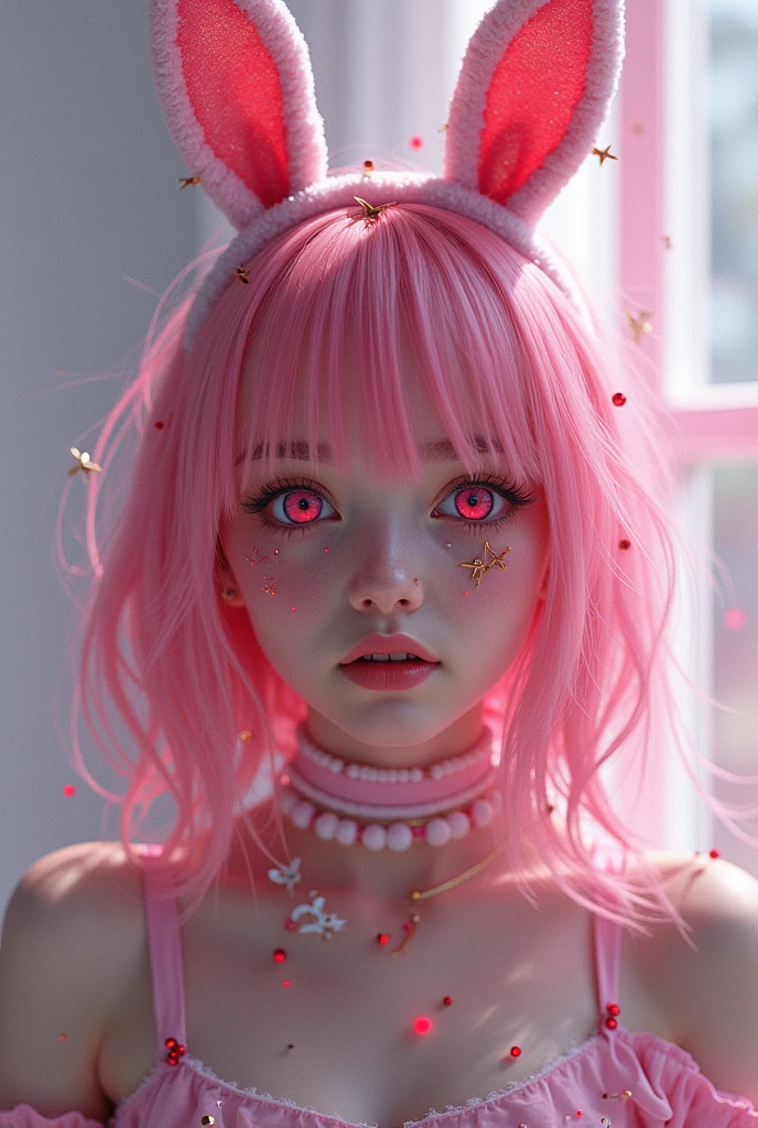 Pink Hair、Bunny ears、Bunny earsにピアスや針、beautiful girl、cute、Menhera、Wrist cutting、Data clothes、Yandere、Illness、Red Eyes