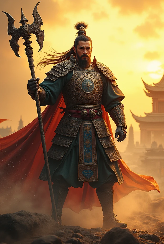 There is a man wearing a Chinese costume and holding a halberd, a character from the Three Kingdoms., ancient soldier, Wearing Chinese iron armor, , Chinese warrior character design,Use Chinese halberd weapons, lu bu ,Novel Image ,Yellow tones