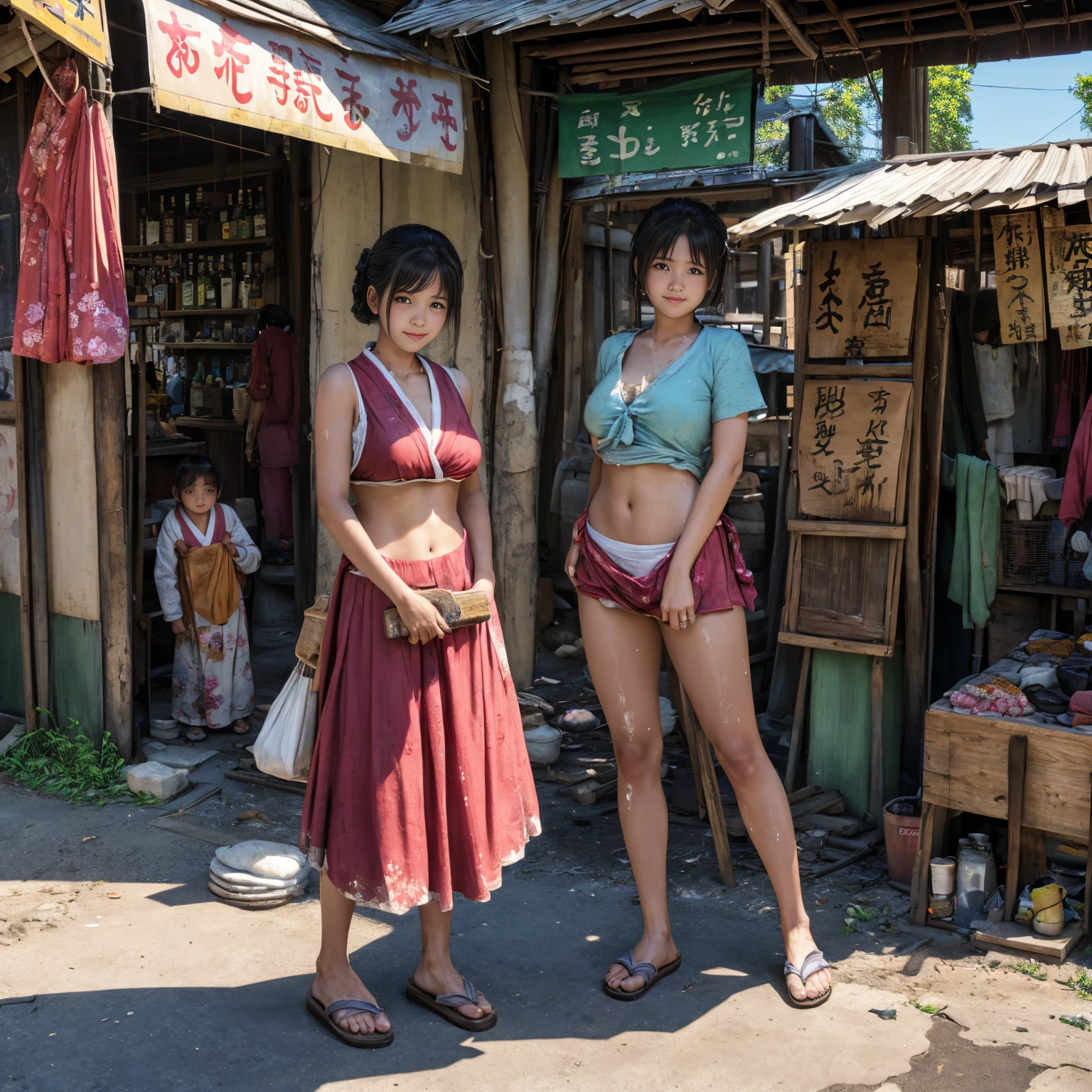 ((masterpiece、Highest quality))、Beautiful girls gather.、Three girls in summer clothes、(Showa Retro:1.2)、(Detailed and cute face:1.3)、(Poor conditions、Japan's poor neighborhoods、Dim and unsanitary、Standing Bar、みんなで楽しくdiet、Crumbling underground shopping mall)、屋台のdiet店、stage、sewage、Dirty shop、street vendors、Unsanitary and abandoned city、smile、diet、Poor person々