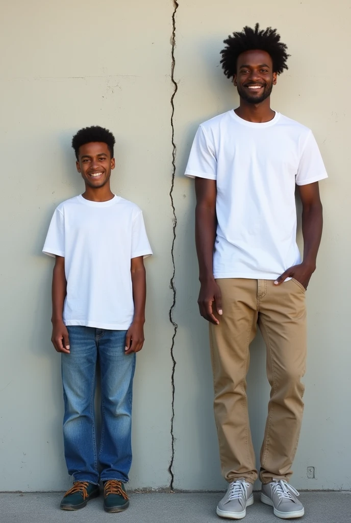 Create a split-image of the same light brown skinned 21 years old Ethiopian man shown side by side against a a little bit cracked wall background to illustrate a before and after transformation. In the 'before' image on the left, depict the man as shorter and wearing a plain white T-shirt and jeans. In the 'after' image on the right, show the same man taller, with no change in physique, wearing the same white T-shirt but with casual pants instead. Both images should have the man smiling and looking directly at the camera, with a noticeable difference in height and presence. The background should be minimalist with natural lighting, highlighting the transformation. Make the picture realistic