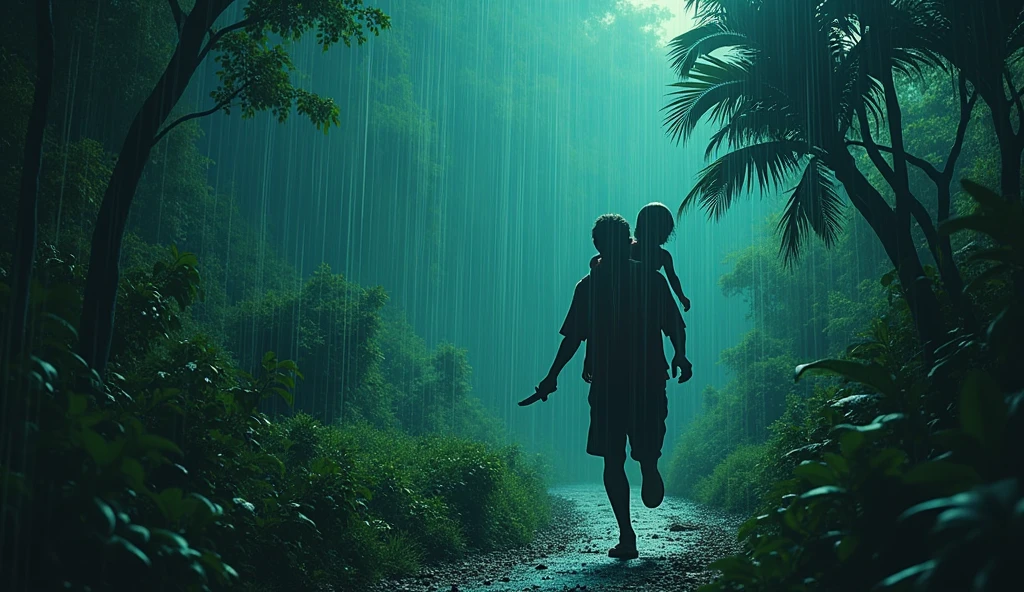 cartoon, a Vietnamese rural bushy narrow junger, thickset, densely wooded with the thunder, so dark, heavy raining, the man, sad father carrying daughter on his back, a knife in his hand, run very farst to find doctor , in the style of colorful prisma, erased and obscured, iconic album covers, photography, 50mm