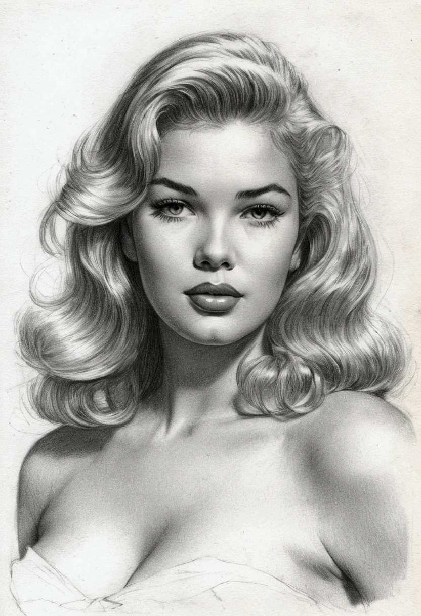 A delicate, graphite sketch portrays, a nude young beautiful Jayne Mansfield,  medium breasts, round firm nipples, without background, her features rendered in subtle shading and precise lines. The framing is tight, focusing attention on the subject's serene face. Soft, feathery strokes convey the gentle texture of her hair, 