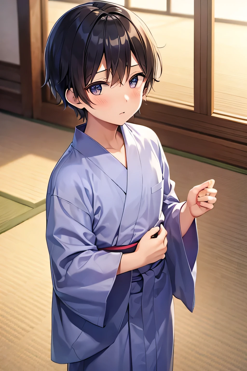 Boy wearing yukata、indoor