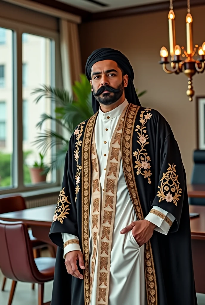 muslim man, wearing religious balenciaga attire, no beard, long mustache but no beard, embroidered clothing, looking at camera at an office, mutamir el cid
