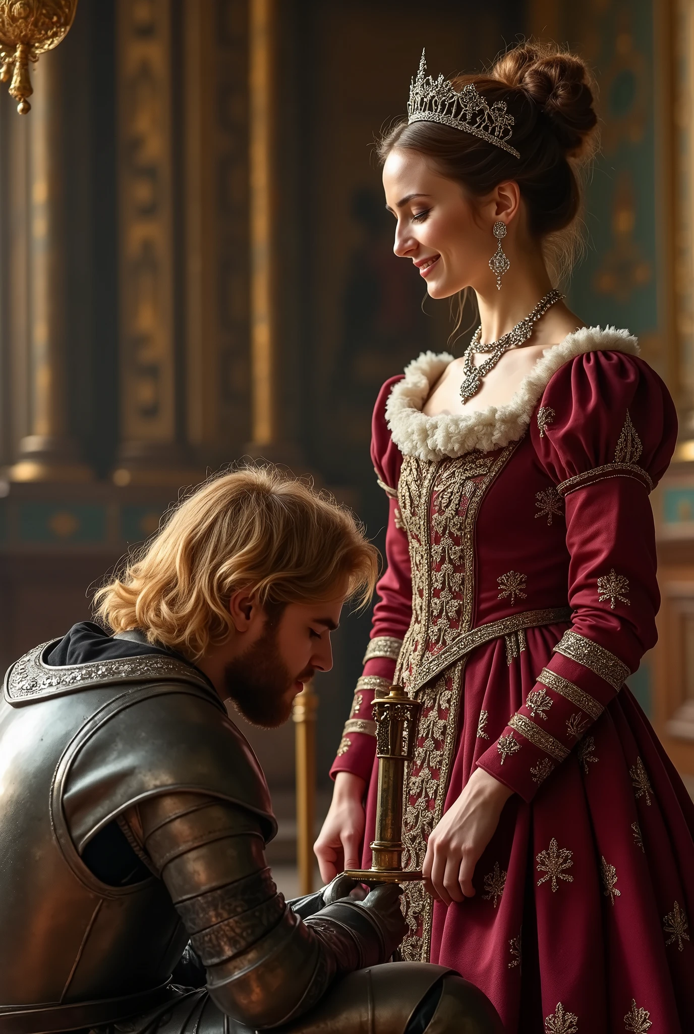 Knighthood ceremony、Acore-D、(1 woman and 1 man is existence), front view, Full-body, 13 century, English, White girl, England queen, 30 age-old, (blend hair, hair bun, little lip, little smile ) (tiara, earring), (middle breasts, slender whist, middle hip), slender body,(ancient old fashion, courtly romance), hands hold Crusader sword, sword put on knight shoulder, on floor, standing palace in London, (Englishman, 40 age-old, gold hair, middle hair, beard, mustache, Serious),Cover the whole body in armor, The handle is cross-shaped, It is decorated, kneeling , down head, (masterpiece, Highest quality, masterpiece, God-like quality, Godly art, Very realistic),