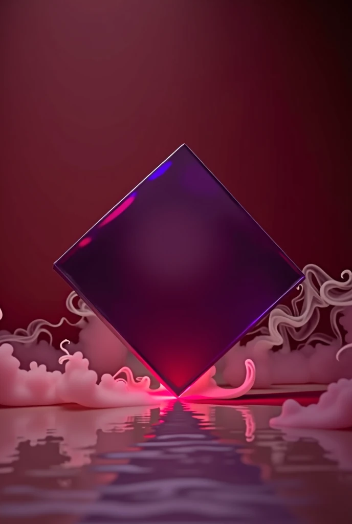 A concept music album cover, wine red minimalist background with a little smoke , main symbol is a square with its front facing tilted with the edge touching the ground, it is a semi-transparent opaque purple object, the point where the edge touches the ground gently reflects the object