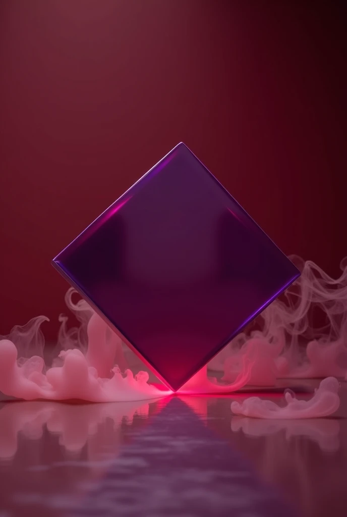 A concept music album cover, wine red minimalist background with a little smoke , main symbol is a square with its front facing tilted with the edge touching the ground, it is a semi-transparent opaque purple object, the point where the edge touches the ground gently reflects the object