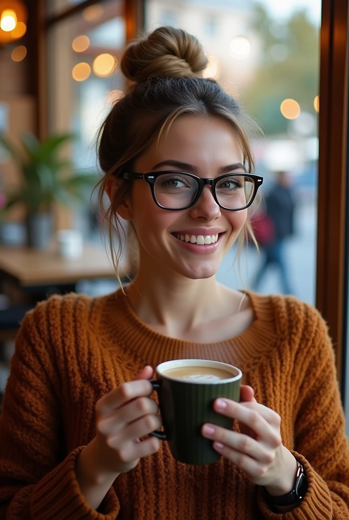 Girl with hair up in glasses with coffee mug in hand in sweater through glass of coffee shop