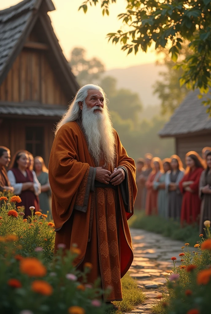 The sage is smiling, radiating wisdom and calmness, as he imparts his lesson to the villagers