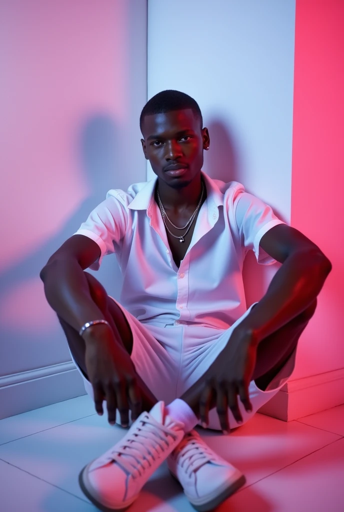 best qualityer:1.4), (ultra high resolution:1.2), (photorrealistic:1.4), (8k, CRU photo:1.2), a thin young man of 20 years old, skin black, with a smooth, beardless face, corte de cabelo buzzcut, is wearing a white short sleeve button down shirt, he is wearing white shorts. He's wearing white sneakers. is wearing a thin silver chain, He is sitting on the floor against the white wall of a room. The lights are colorful like a party.