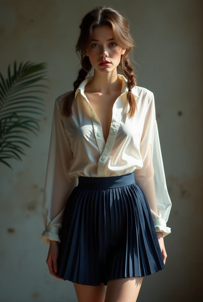 Highly detailed 8k wallpaper), sharp focus, detailed, dramatic, delicate and beautiful , full body figure, tie (transparent white shirt,) tie, dark blue pleated micro mini, light brown hair, smooth pigtails, sexy, nude, showing my whole body,
