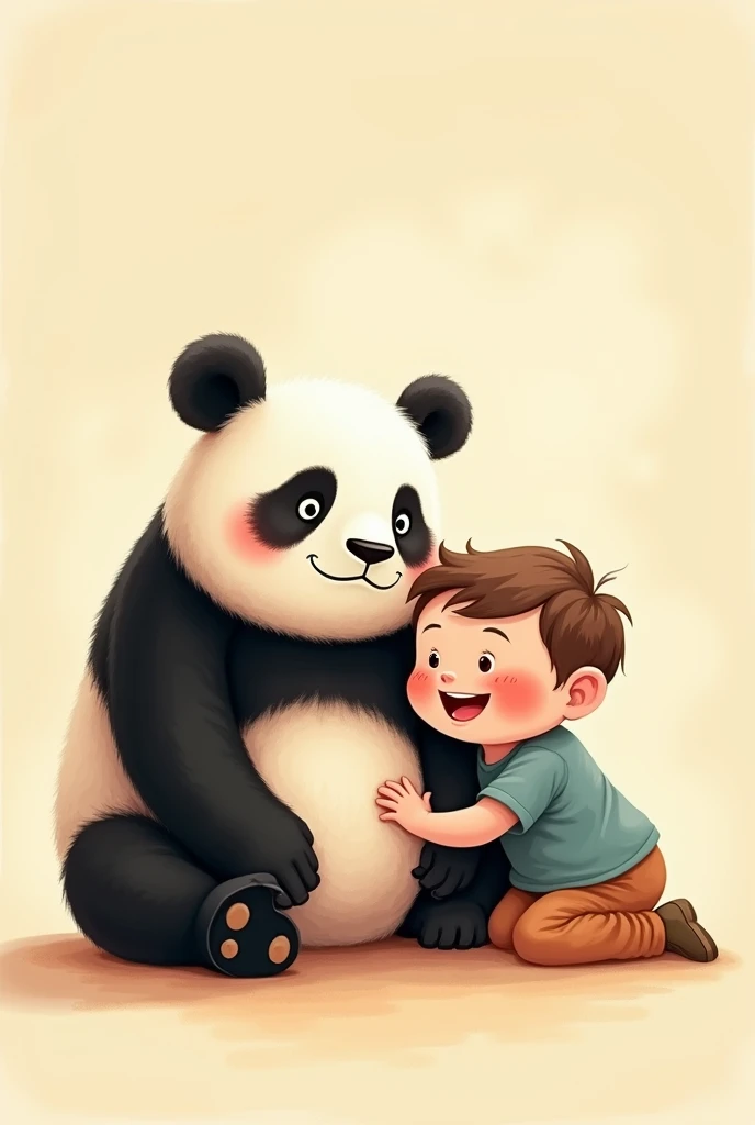 A heartwarming scene depicting a gentle giant panda and a young child enjoying each other's company, set against a soft, creamy background that evokes a sense of warmth and serenity. The panda, with its distinctive black patches around its eyes and ears, is seated on the floor, its fur a lush, velvety texture that invites touch. The kid, with a bright, cheerful smile and rosy cheeks, is sitting next to the panda, their small hands gently placed on the panda's fur, conveying a sense of trust and friendship. The child's facial features are delicate, with a small nose and bright, inquisitive eyes that shine with wonder. The atmosphere is peaceful, with a subtle sense of playfulness, as if the duo is sharing a secret joke. The overall style is whimsical and dreamy, with bold lines and vibrant colors that bring the characters to life.