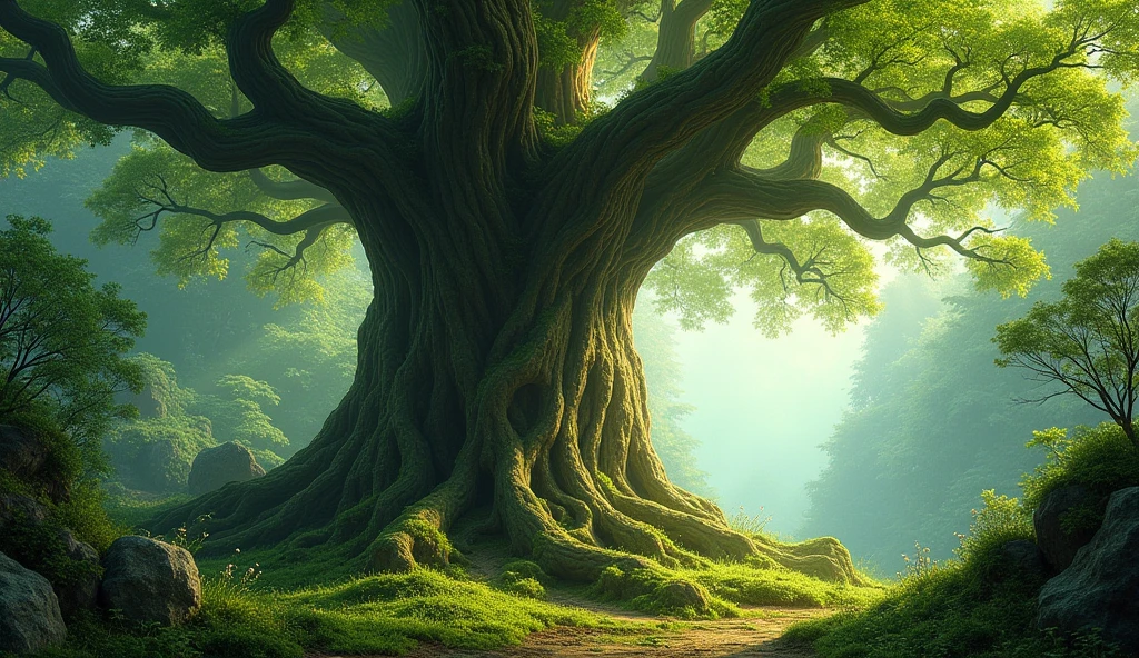 A gigantic, ancient tree standing tall in the middle of the forest, with sprawling branches and deep roots.