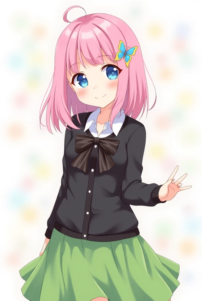 {go-toubun no hanayome}, {{{{nakano nino}}}}, pink hair, bangs black_cardigan ,black_ribbon ,blue_eyes ,blunt_bangs ,blush ,breasts ,butterfly_hair_ornament, button_gap, cardigan, green skirt,sketch,1girl, {grin}