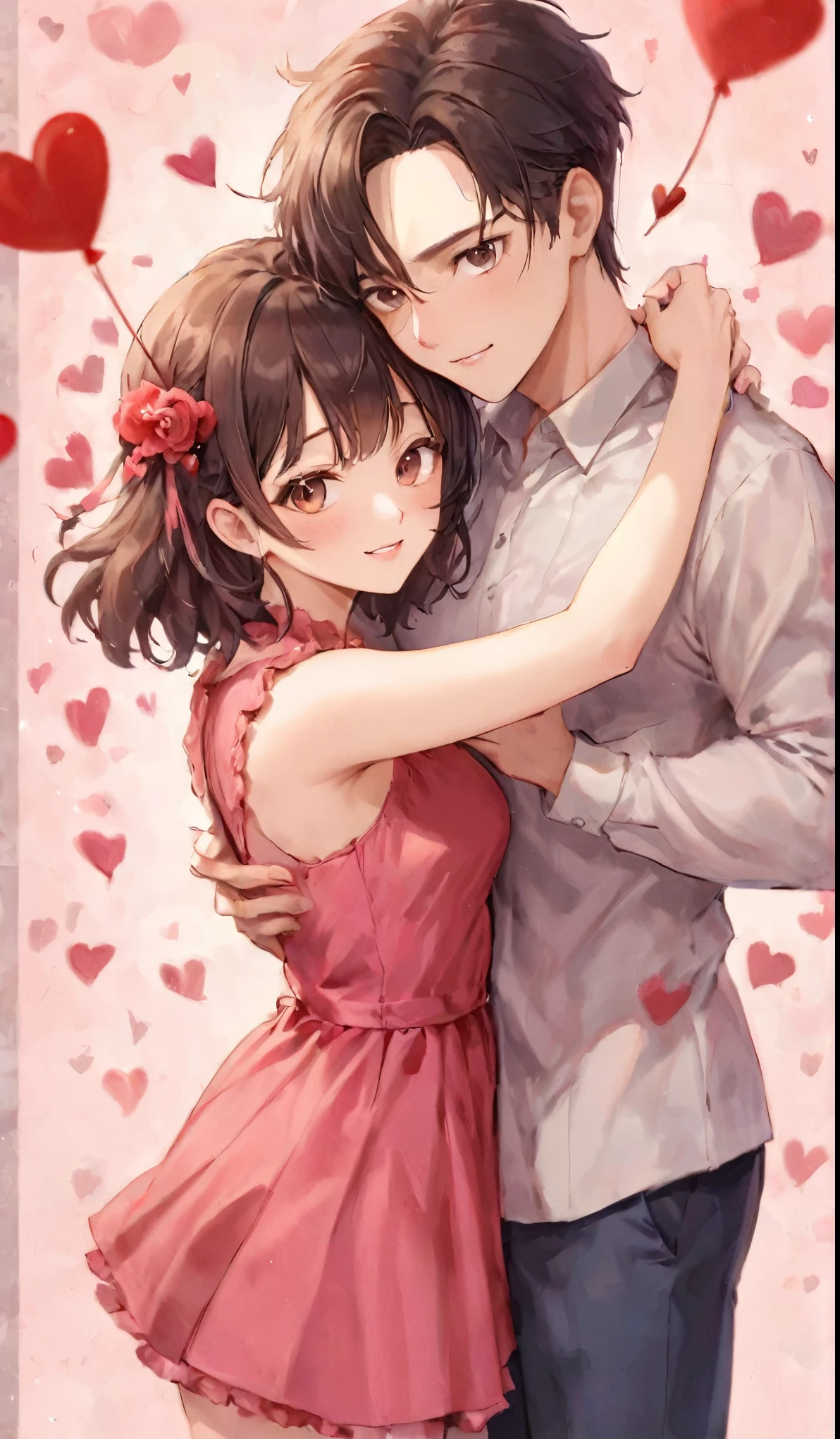 An attractive couple poses lovingly for a Valentine's Day day themed photo shoot together. This man is very handsome, The woman is very beautiful. It's people々Whether, and surrounding areas, Very detailed, High resolution, crisp, concentrated. Valentine's Day, pink, High Contrast, Vibrant colors, sakura trees and blossoms pink
