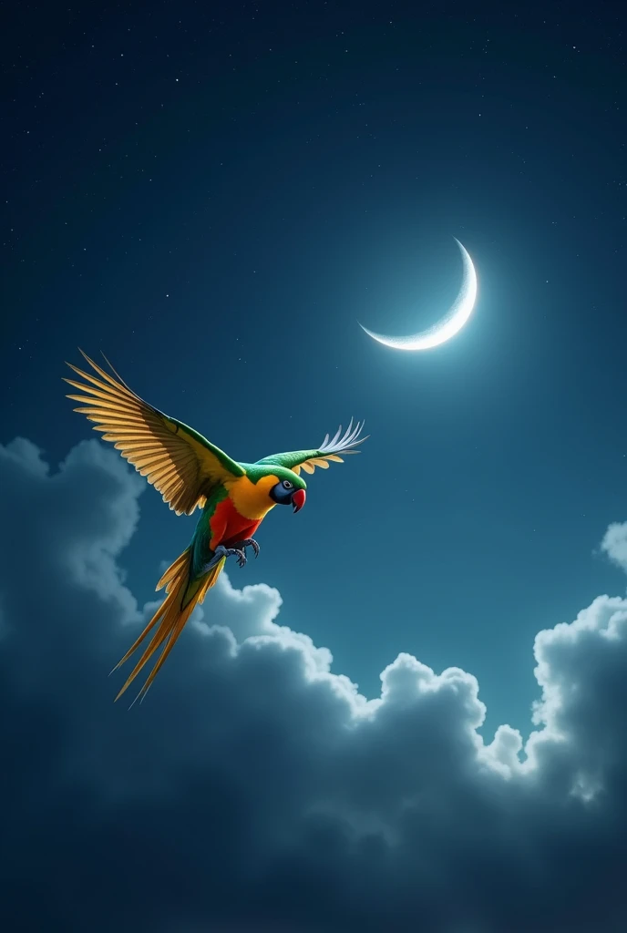 A parrot flying over the moon
