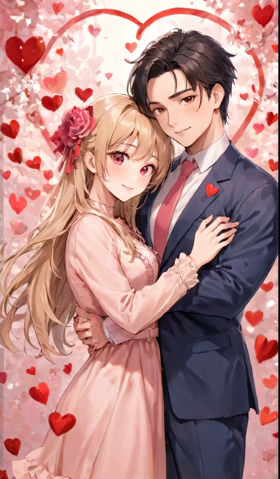 An attractive couple poses lovingly for a Valentine&#39;s Day day themed photo shoot together. This man is very handsome, The woman is very beautiful. It&#39;s people々Whether, and surrounding areas, Very detailed, High resolution, crisp, concentrated. Valentine&#39;s Day, pink, High Contrast, Vibrant colors, sakura trees and blossoms pink
