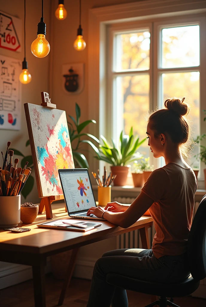 An individual working joyfully in a bright, open workspace filled with symbols of creativity and passion. The person is fully engaged in their task, surrounded by tools or elements that represent their craft—whether it's a canvas and paints, a laptop with design software, or musical instruments. The room is bathed in warm, golden light, with vibrant colors and a sense of energy radiating from the scene. Above the individual, soft, glowing lightbulbs float, symbolizing inspiration and ideas. The overall atmosphere is uplifting, with the word 'Passion' subtly integrated into the background, conveying the joy of working on something one truly loves.