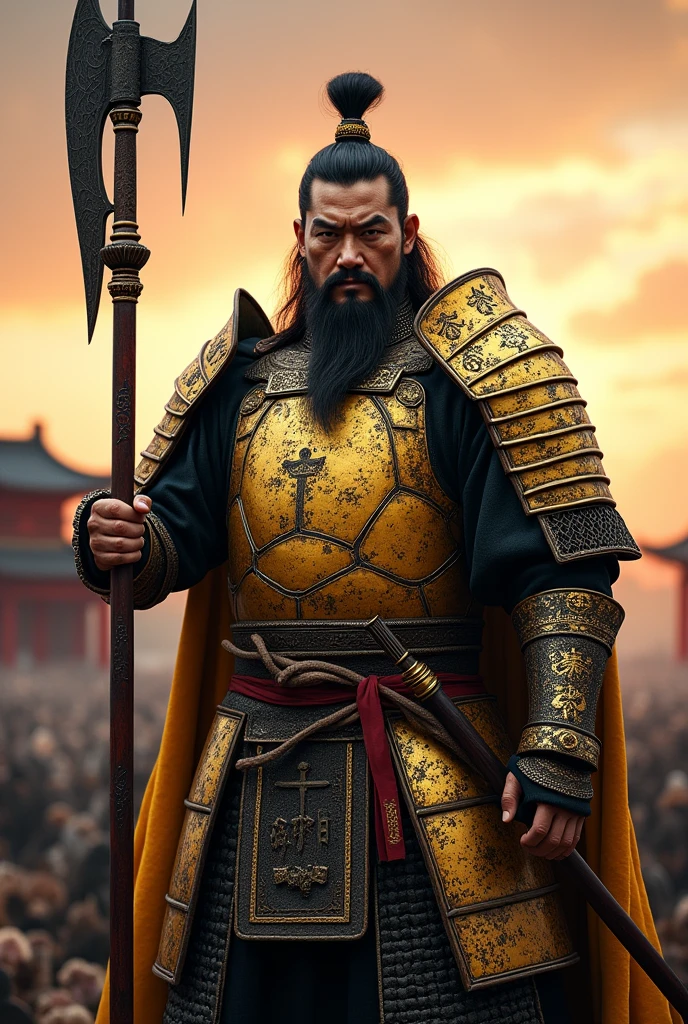 There is a man wearing a Chinese costume and holding a halberd, a character from the Three Kingdoms., ancient soldier, Wearing Chinese iron armor, , Chinese warrior character design,Use Chinese halberd weapons, lu bu ,Novel Image ,Yellow tones,Yes, it's a Chinese general's hat.