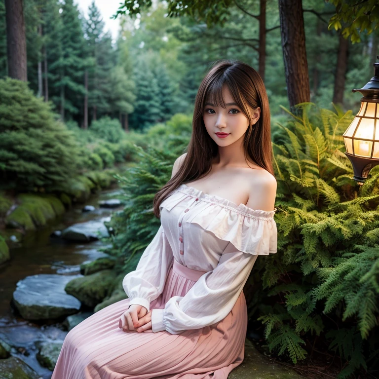 long skirt,skirt, pink skirt, (knee shot), 1 woman, On the face, light brown hair, blunt bangs, hair behind ears, Hair over the shoulders, long hair, Slender body type, Super thin face, face slimming, delicate lips, beautiful eyes, Thin blush, Eyes are light brown,Check it out here, (realistic:1.3), in the coniferous forest, One person's perspective, 8k, Super detailed, high quality, best quality, High resolution,(masterpiece))、(top quality)、8k、high detail、Super detailed，31 years old female，Seductive and whimsical style、masterpiece、born、Scenes resembling fairy tale illustrations、Intricate details and complex designs、Beautifully、magic、capricious、 Beautifully、Dream aesthetics、「𝓡𝓸𝓶𝓪𝓷𝓽𝓲𝓬、ethereal、charming、fickle、magic」、Realism、Visual effects、FXAA、SSAO、Shaders、voiceless、ambient lighting、Tone mapping、High resolution、Ultra high quality、Million pixels、(8k resolution:1.10)、8k、Below 8K、8k resolution、high detail、intricate details， (high quality:1.2、masterpiece:1.2、:1.21)、(31 years old female:1.21)、(Smile excitedly)、(full-body shot，Normal 2 feet，Put your hands behind you，The protrusion of the breast is visible when wearing clothes, Large Breasts, H cup chest, off-shoulder clothes