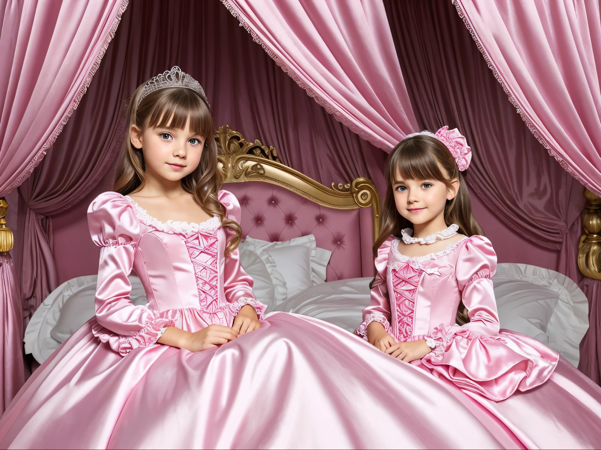 highest quality, masterpiece, highest resolution, artwork, super それにget used to it, many get used to it, get used to it, それにget used to it, 3k realistic pictures,,((10 year old s)),Ultra-detailed juvenile face,ultra-detailed beautiful little girl princess,full length ball gown dress with hoop skirt,ruffled yoke collar,puff sleeves,long sleeve,((Lolita style hot pink iled princess satin dress with lots of ruffles and ribbons)),Rococo style lolita fashion,shiny satinss,Soft and smooth fabric,detailed princess dress,luxury,long blonde hair,blue eyes,white skin european,Pajama,((in the bedroom of the palace)),luxury princess canopy king size pink bed,shiny satin sheets,ultra-detailed princess bed,High-quality background,lot of frilled pillows,on the bed,