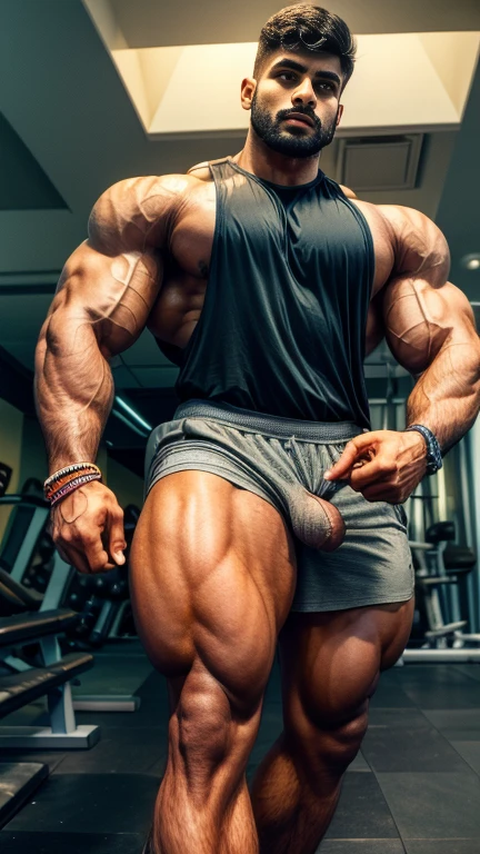 Handsome tall masuculine bodybuilder ARJUN 30 years old INDIAN JAAT with huge bulge doing excercise in gym weared Gym tank with running shorts shaker tumblr in hand, wrist indian band, His perfect( big huge penis) is (coming out) of his pant,masterpieces