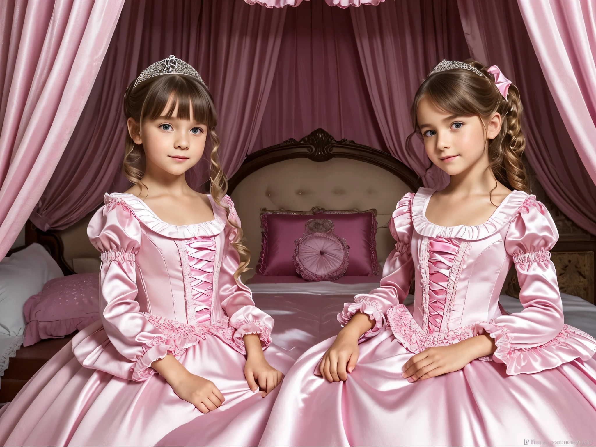 highest quality, masterpiece, highest resolution, artwork, super それにget used to it, many get used to it, get used to it, それにget used to it, 3k realistic pictures,,((10 year old s)),Ultra-detailed juvenile face,ultra-detailed beautiful little girl princess,full length ball gown dress with hoop skirt,ruffled yoke collar,puff sleeves,long sleeve,((Lolita style hot pink iled princess satin dress with lots of ruffles and ribbons)),Rococo style lolita fashion,shiny satinss,Soft and smooth fabric,detailed princess dress,luxury,long blonde hair,blue eyes,white skin european,Pajama,((in the bedroom of the palace)),luxury princess canopy king size pink bed,shiny satin sheets,ultra-detailed princess bed,High-quality background,lot of frilled pillows,on the bed,