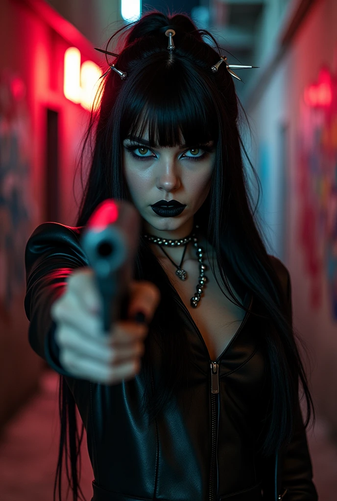 Woman goth aim gun at you angry eyes
