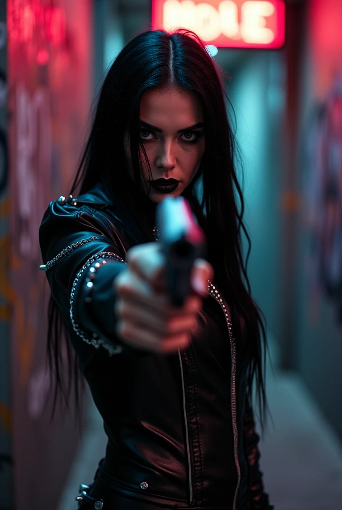 Woman goth aim gun at you angry eyes