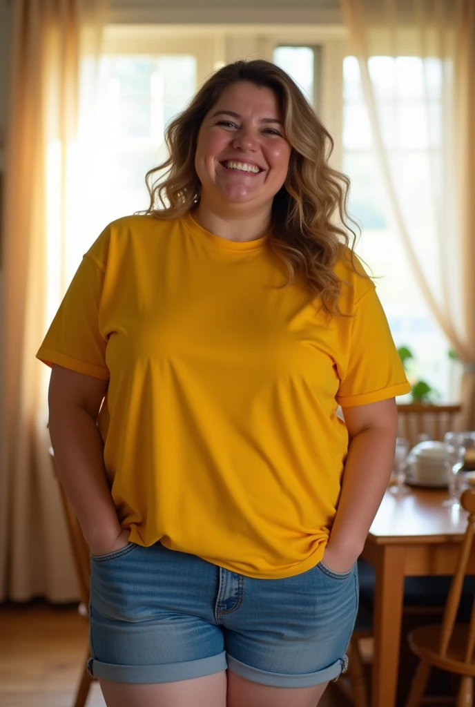 A butiful chubby lady with yellow tshirt and blue short dining broom