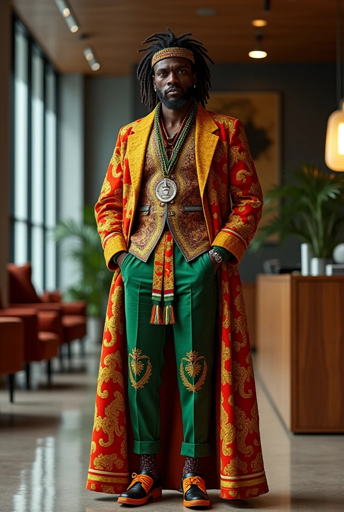 rastafari king, wearing religious balenciaga attire, embroidered clothing, looking at camera at an office,