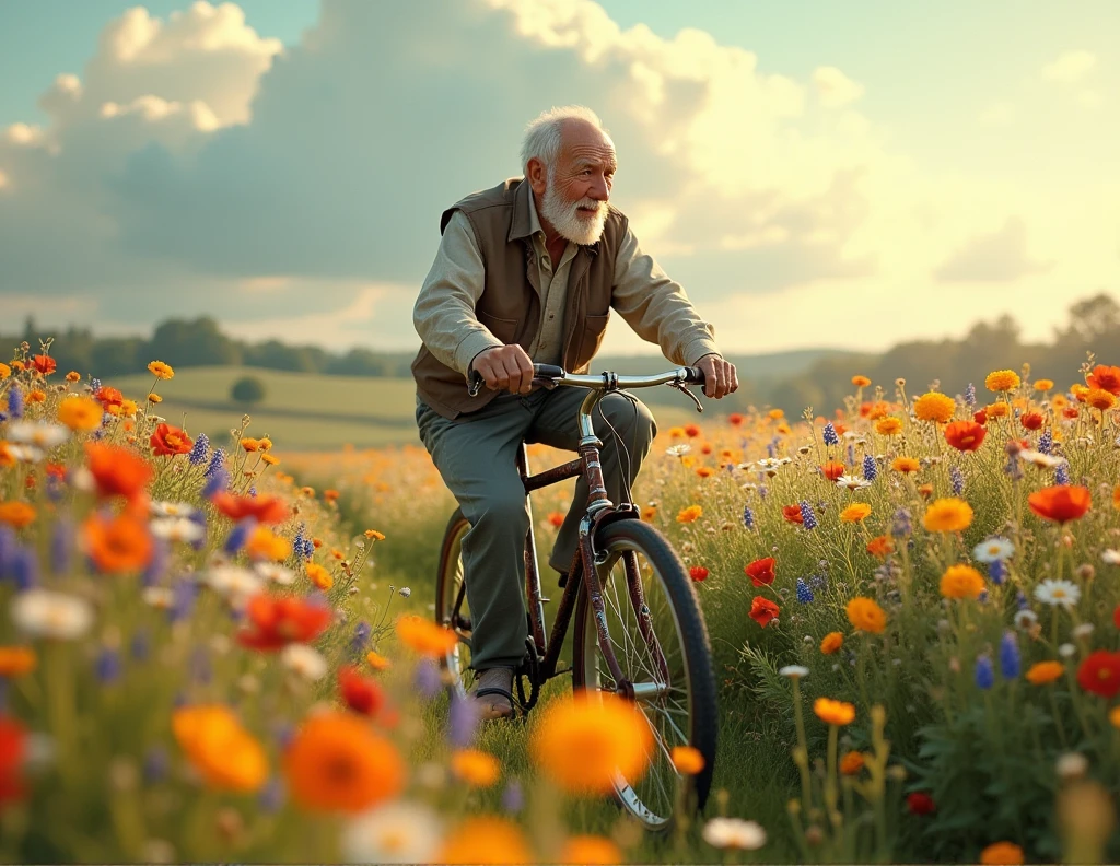 Old man on an old bicycle through a field of flowers